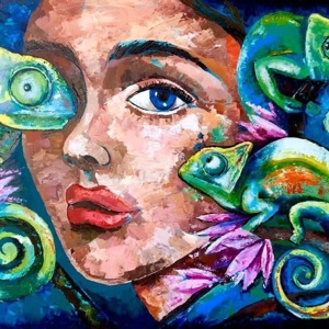 Painting by Maria Kononov from 2020 called "Chameleons"