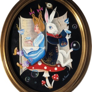 Painting by Maria Kononov from 2020 called "Alice with the Rabbit"